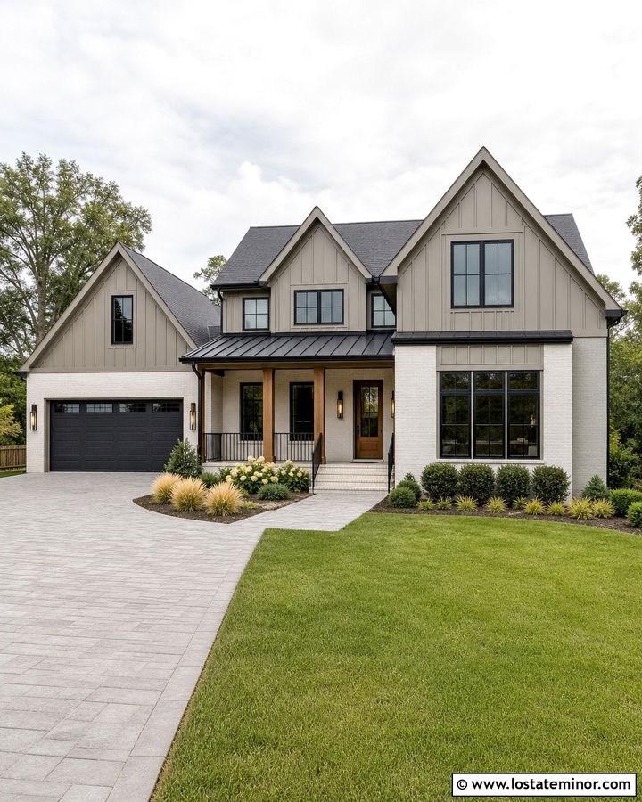 Greige Board And Batten With White Brick - 30 Greige House Design With Board and Batten Ideas