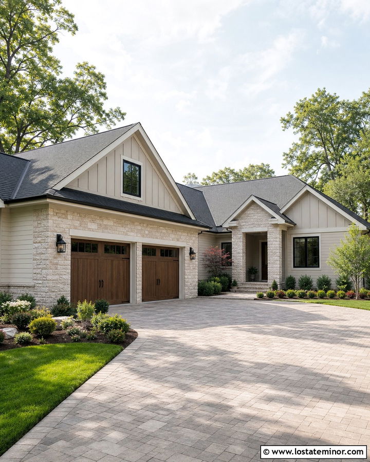 Greige Board and Batten With Stone Garage - 30 Stone House Design With Board and Batten Ideas