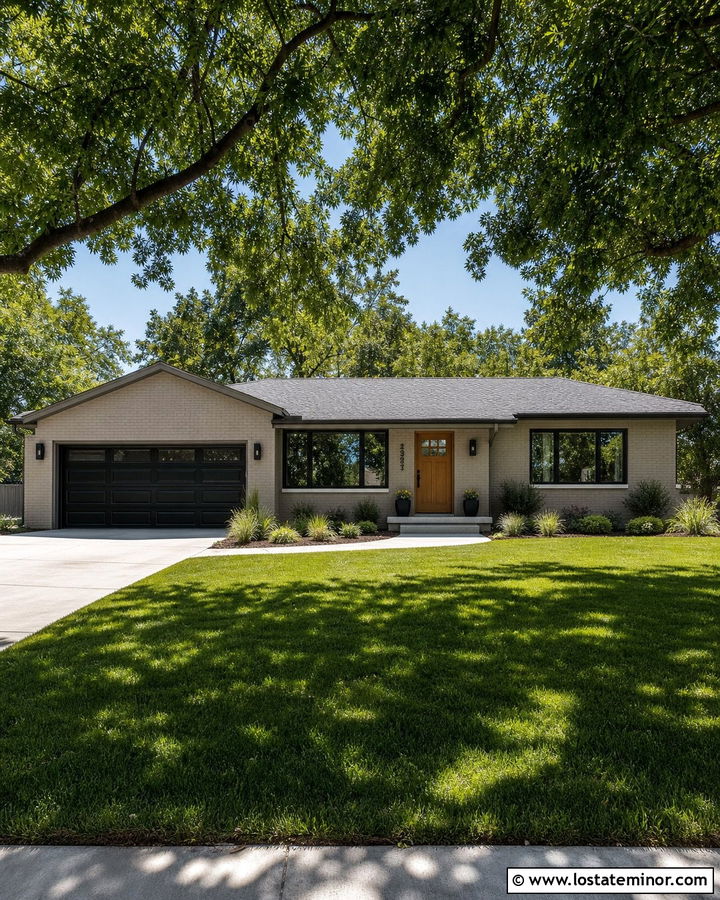 Greige Brick House With Black Garage Door - 30 Greige House Design With Garage Door Ideas