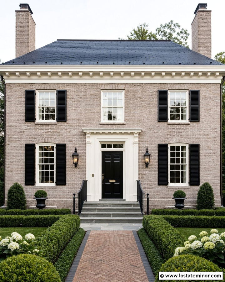 Greige Brick House With Black Gas Lanterns - 30 Greige House Design With Light Fixtures Ideas