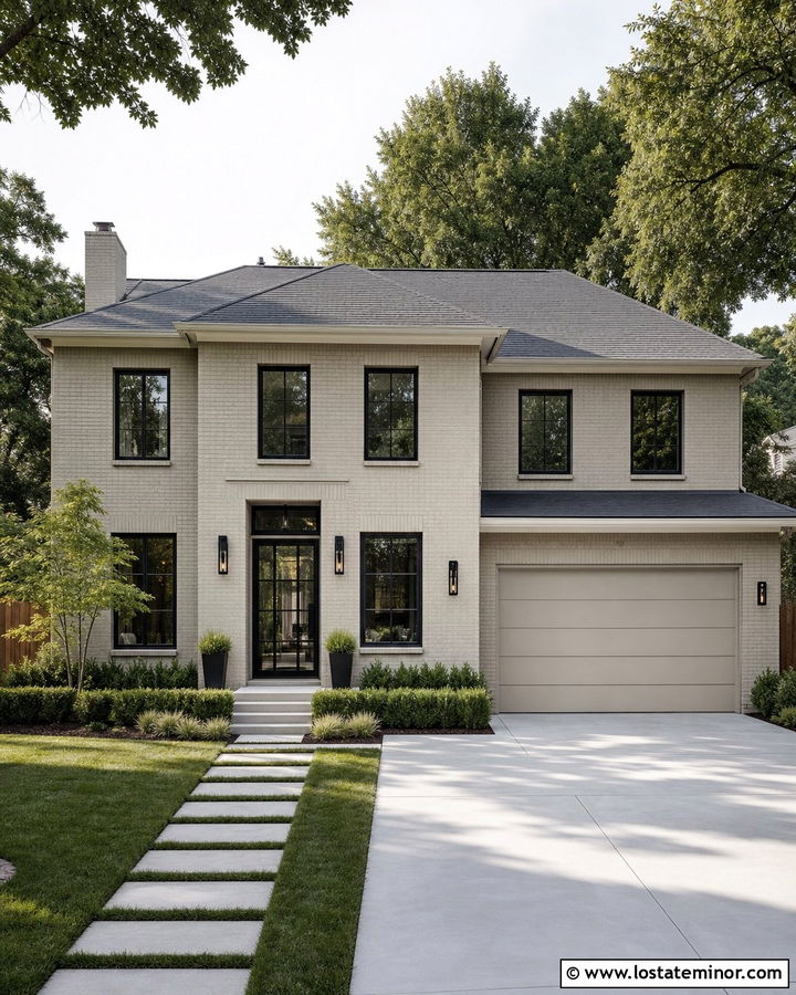 Greige Brick House With Black Glass Door - 30 Greige House Design With Entry Door Ideas
