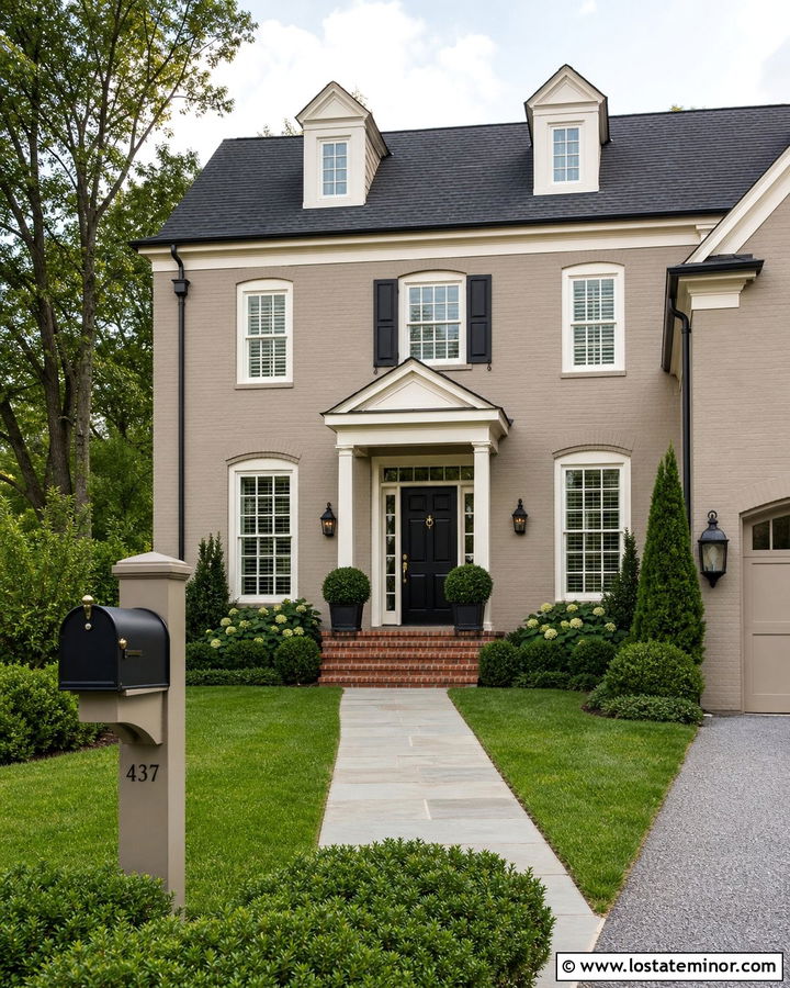 Greige Brick House With Black Mailbox - 30 Greige House Design With Mailbox Ideas