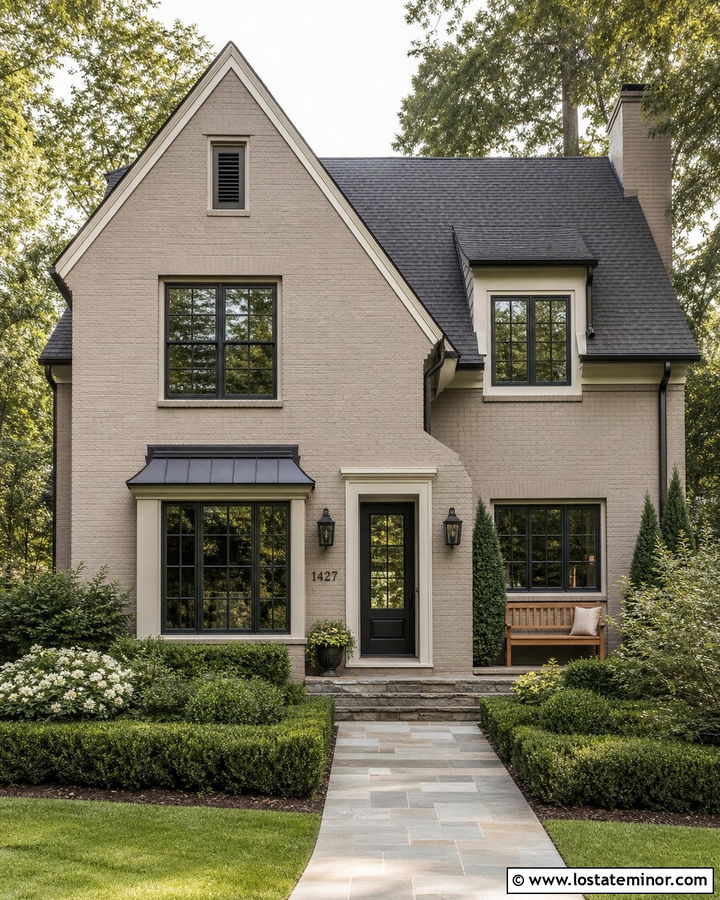 Greige Brick House With Black Metal Numbers - 30 Greige House Design With House Numbers Ideas
