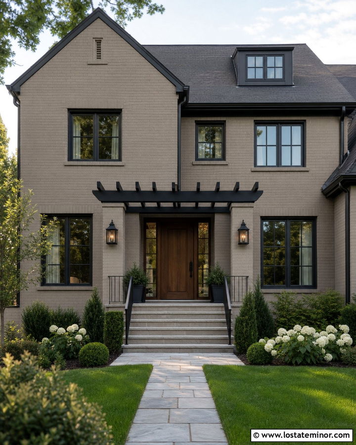 Greige Brick House With Black Pergola - 30 Greige House Design With Pergola Ideas