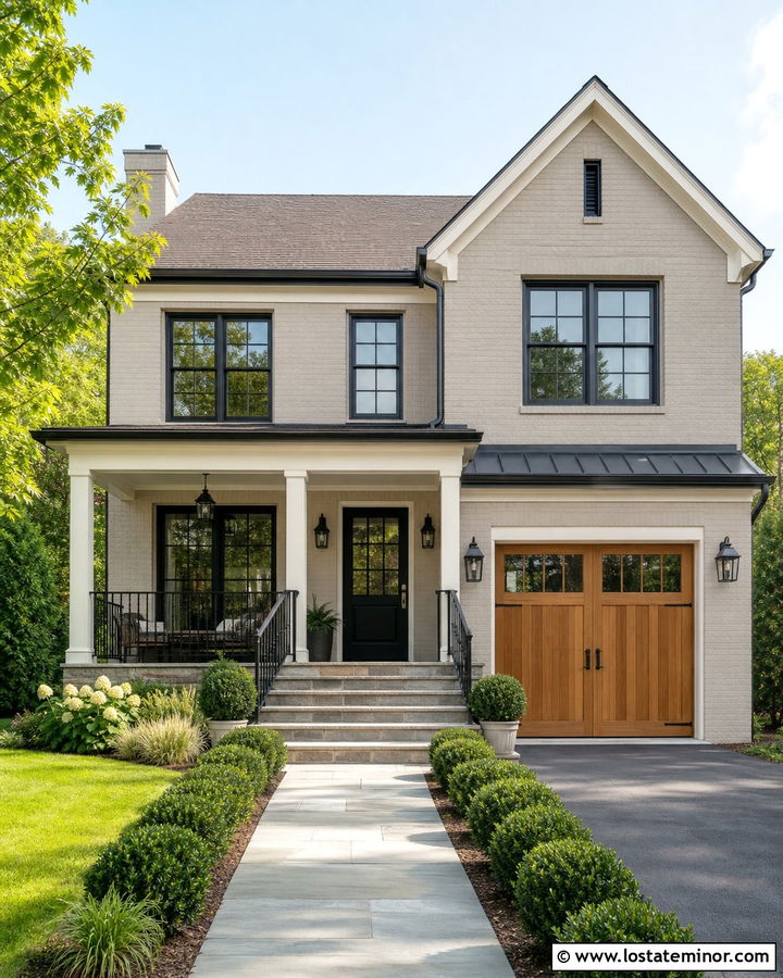 Greige Brick House With Black Railings - 30 Greige House Design With Railings Ideas