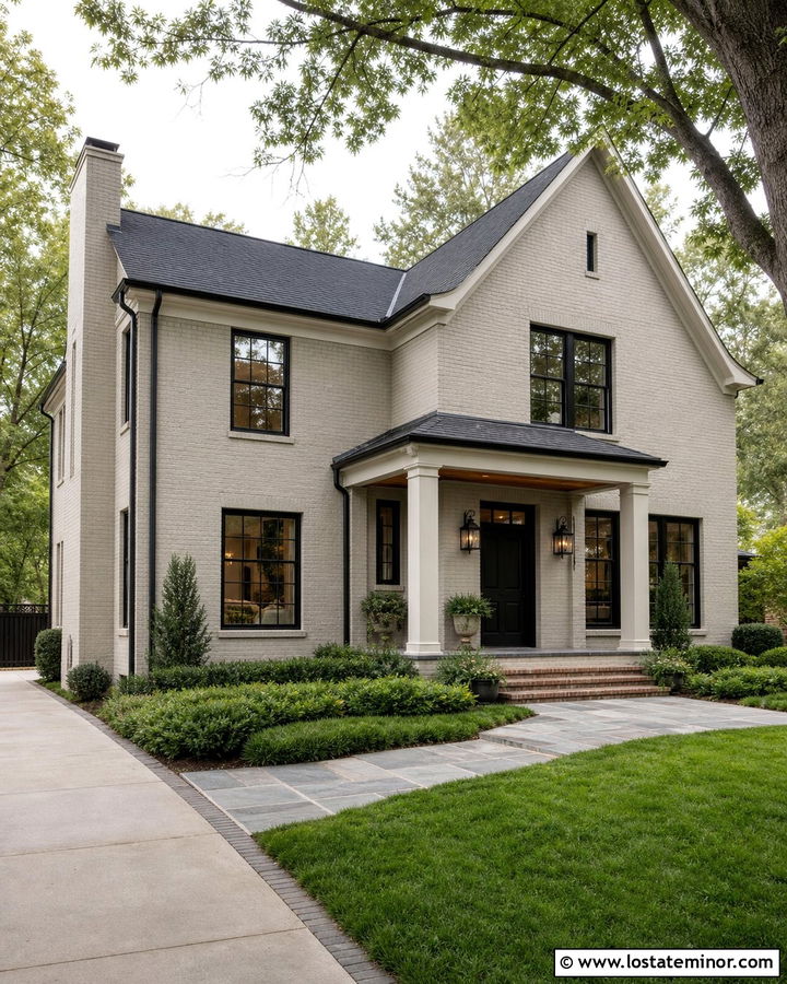 Greige Brick House With Black Window Frames - 30 Greige House Design With Window Frames Ideas