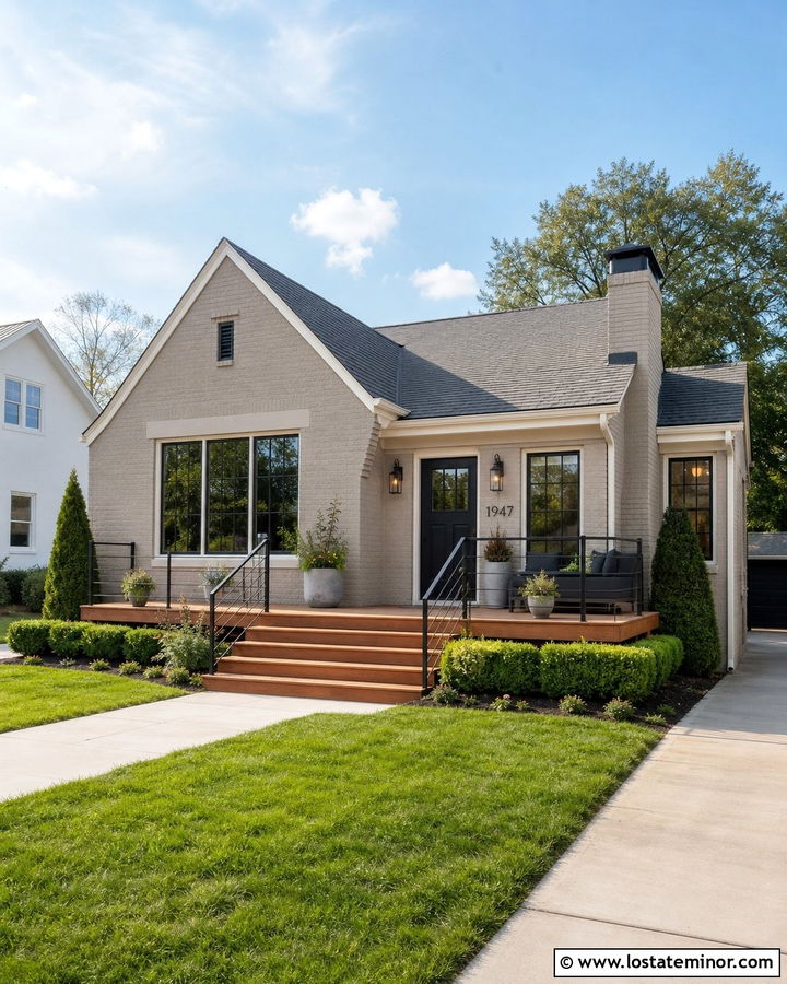 Greige Brick House With Cedar Platform Deck - 30 Greige House Design With Deck Ideas