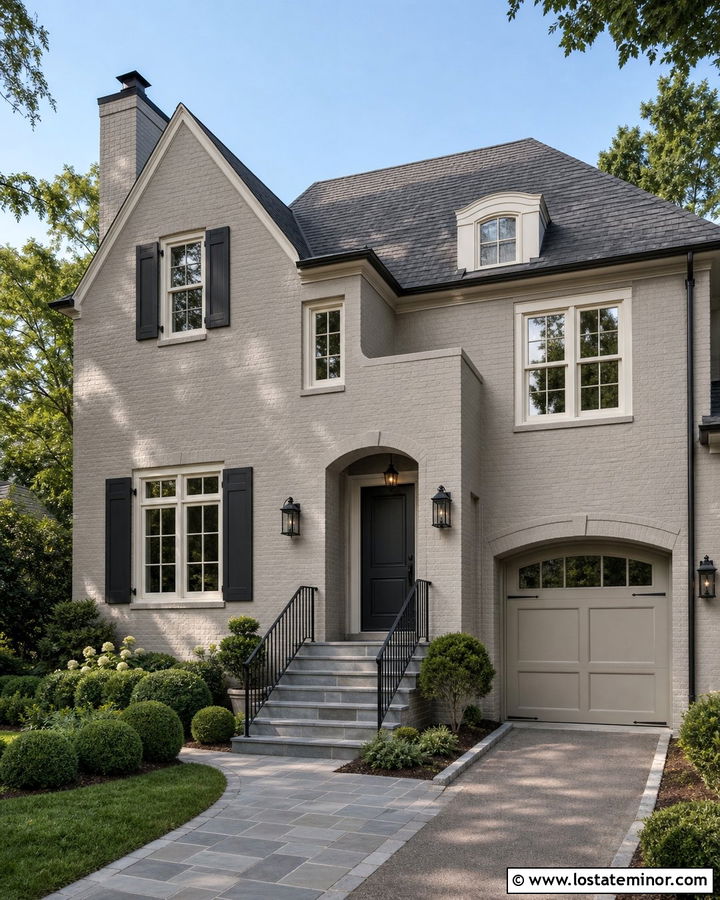 Greige Brick House With Charcoal Front Door - 30 Greige House Design With Front Door Ideas