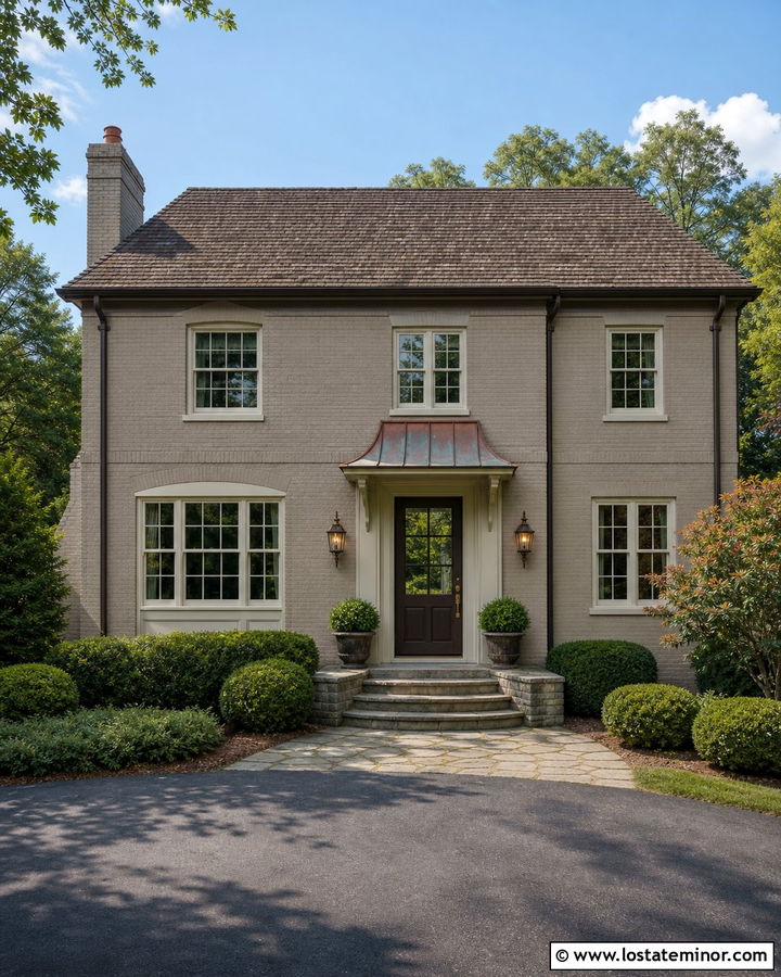 Greige Brick House With Copper Door Awning - 30 Greige House Design With Awning Ideas