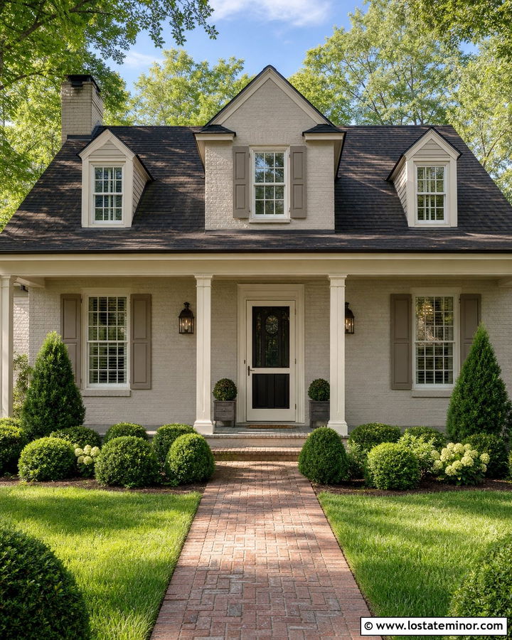 Greige Brick House With Cream Screen Door - 30 Greige House Design With Screen Door Ideas