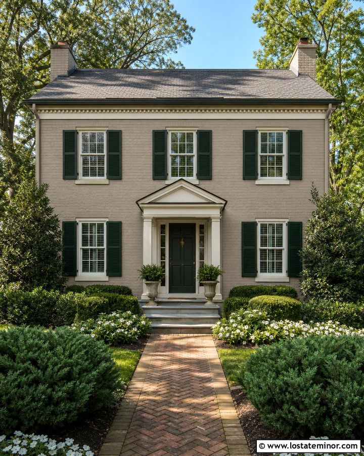 Greige Brick House With Evergreen Landscaping - 30 Greige House Design With Front Yard Ideas