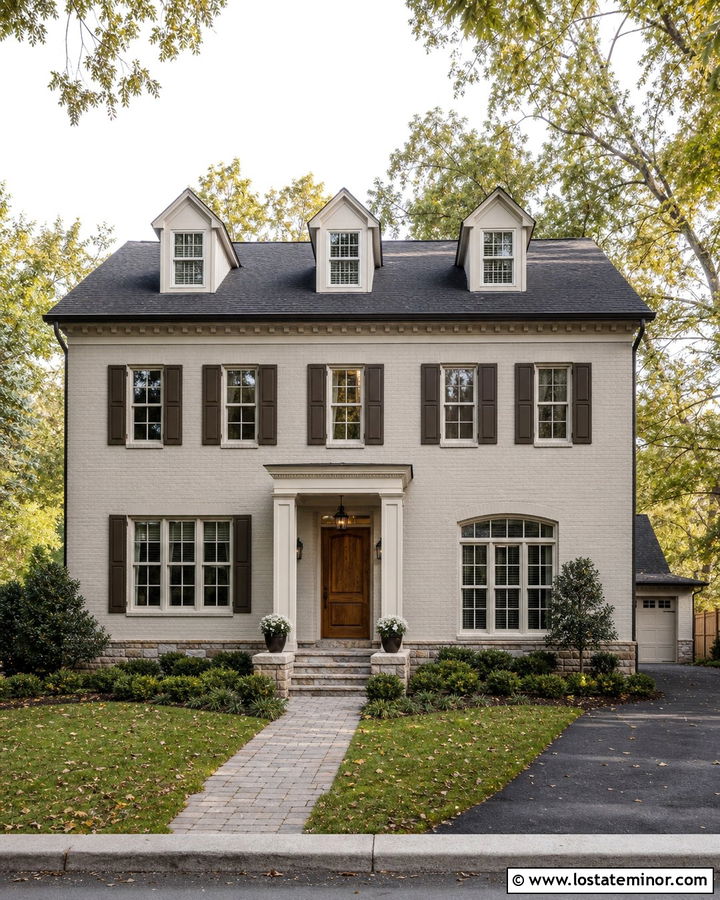 Greige Brick House With Gable Dormers - 30 Greige House Design With Dormers Ideas