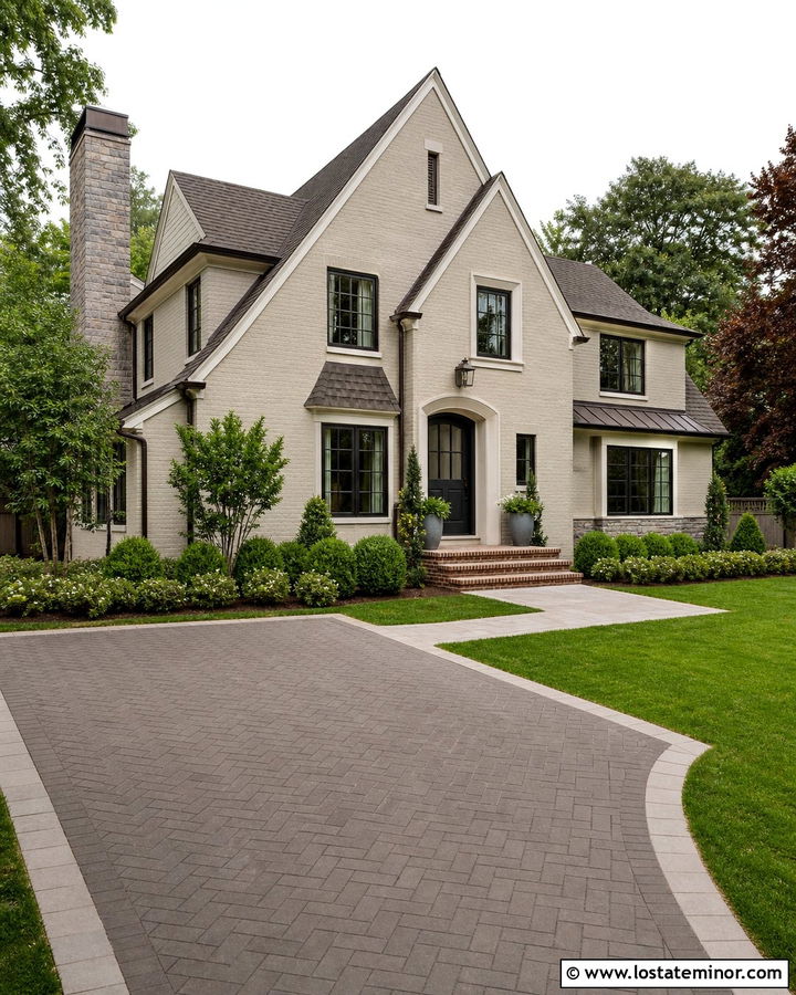 Greige Brick House With Herringbone Driveway - 30 Greige House Design With Driveway Ideas