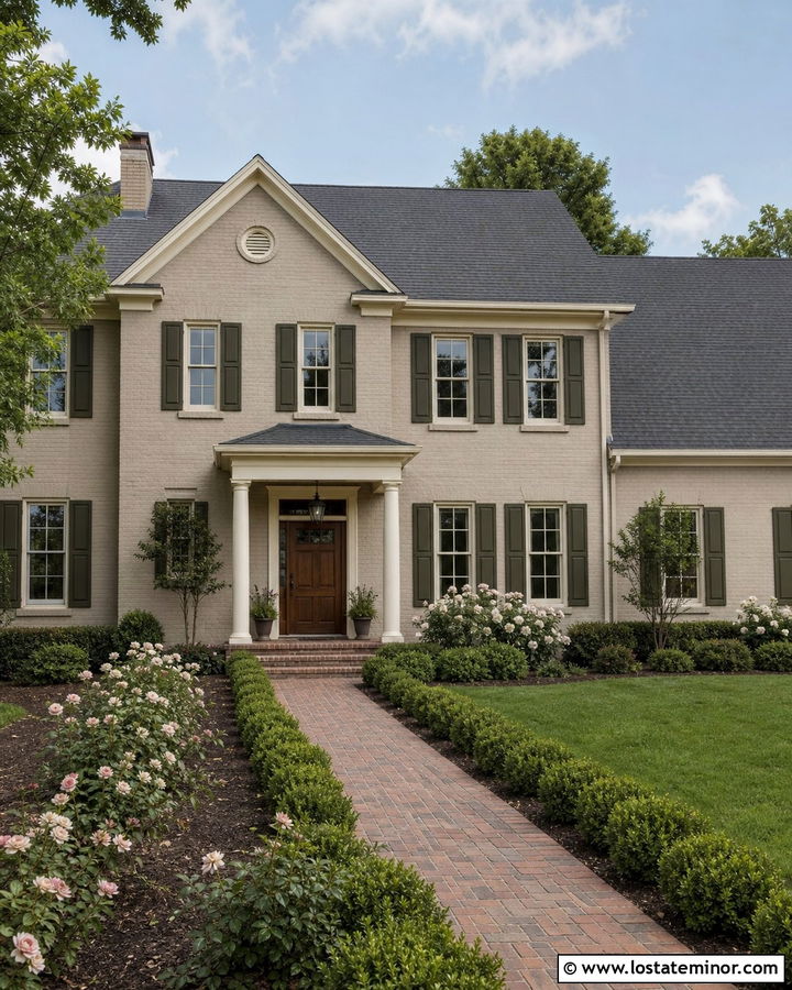 Greige Brick House With Rose Landscaping - 30 Greige House Design With Landscaping Ideas