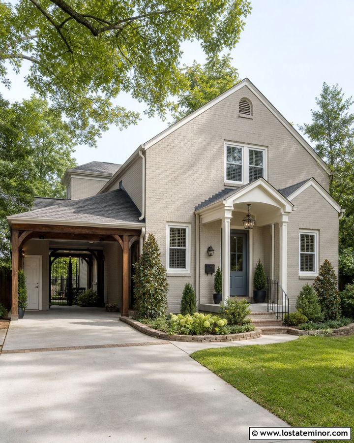 Greige Brick House With Side Carport - 30 Greige House Design With Carport Ideas