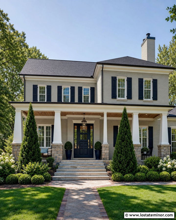 Greige Brick House With Tapered Columns - 30 Greige House Design With Porch Columns Ideas