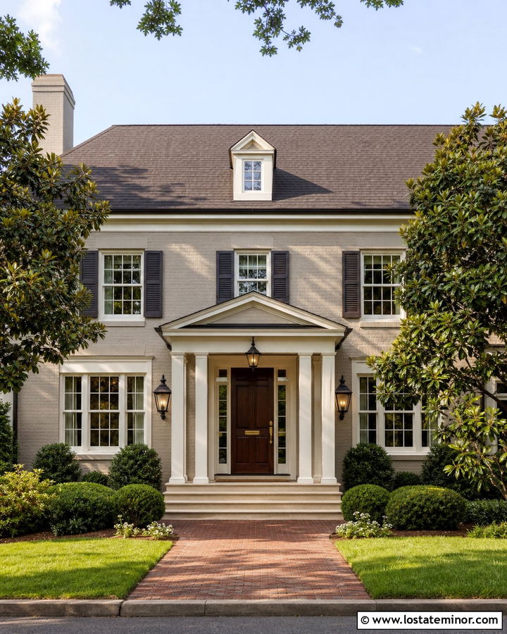 Greige Brick House With Traditional Coach Lighting - 30 Greige House Design With Lighting Ideas