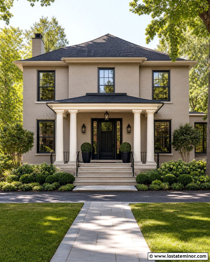 Greige Brick House With White Column Portico - 30 Greige House Design With Portico Ideas