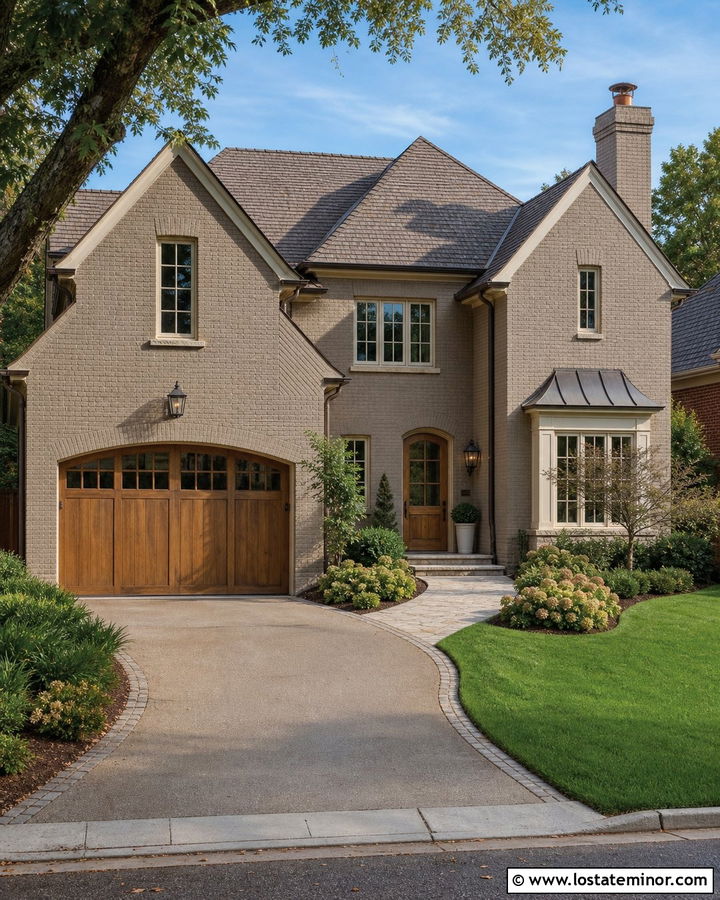 Greige Brick House With Wood Garage Door - 30 Greige House Design With Garage Door Ideas