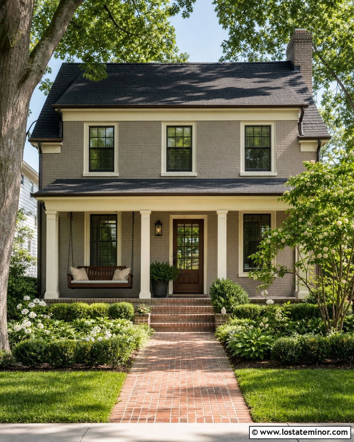 Greige Brick House With Wood Swing - 30 Greige House Design With Swing Ideas