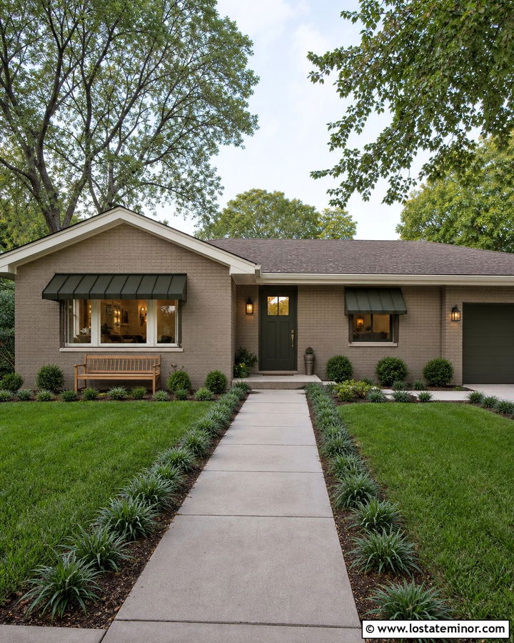 Greige Brick Ranch With Green Metal Awnings - 30 Greige House Design With Awning Ideas