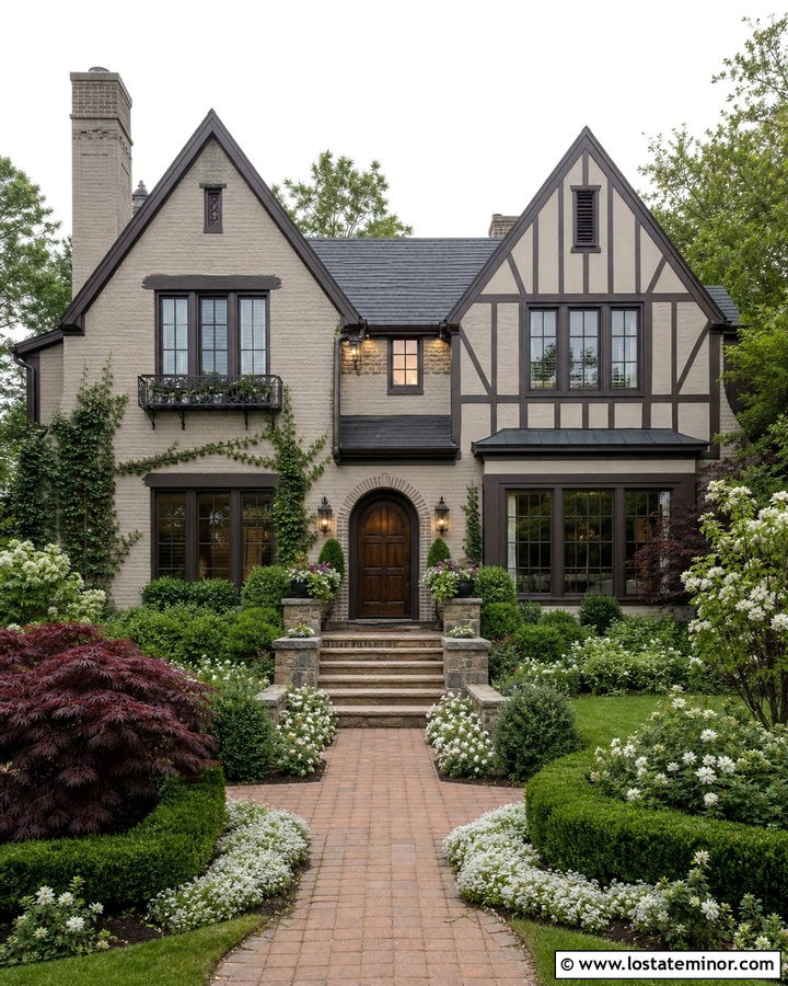 Greige Brick Tudor With Wrought Iron Window Boxes - 30 Greige House Design With Window Boxes Ideas