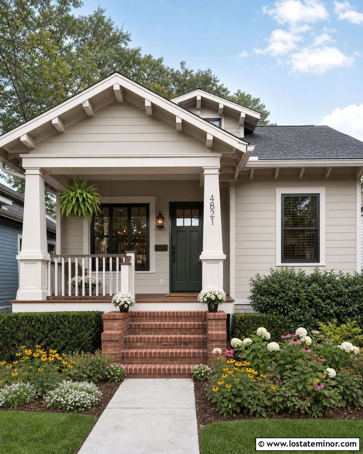 Greige Bungalow With Brick Front Steps - 30 Greige House Design With Front Porch Ideas