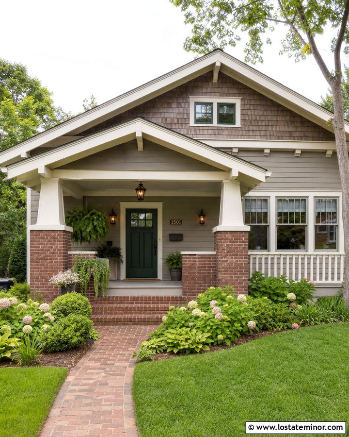 Greige Bungalow With Brick Porch Columns - 30 Greige House Design With Porch Columns Ideas