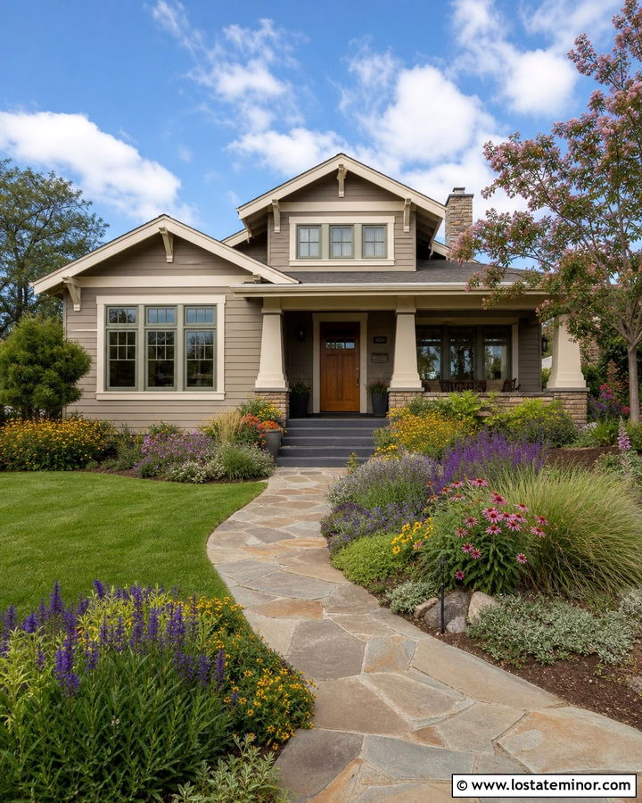 Greige Bungalow With Colorful Perennials - 30 Greige House Design With Landscaping Ideas