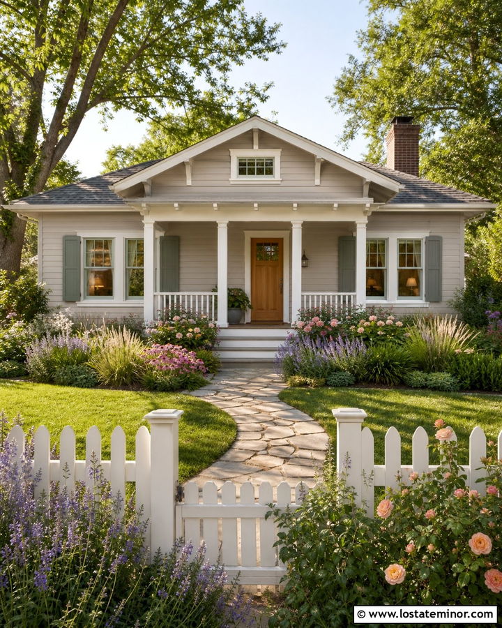 Greige Bungalow With Cottage Front Garden - 30 Greige House Design With Front Yard Ideas