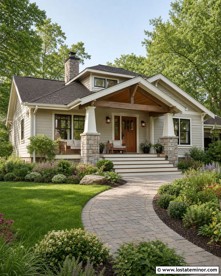 Greige Bungalow With Craftsman Portico - 30 Greige House Design With Portico Ideas