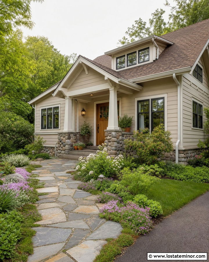 Greige Bungalow With Flagstone Garden Walkway - 30 Greige House Design With Walkway Ideas