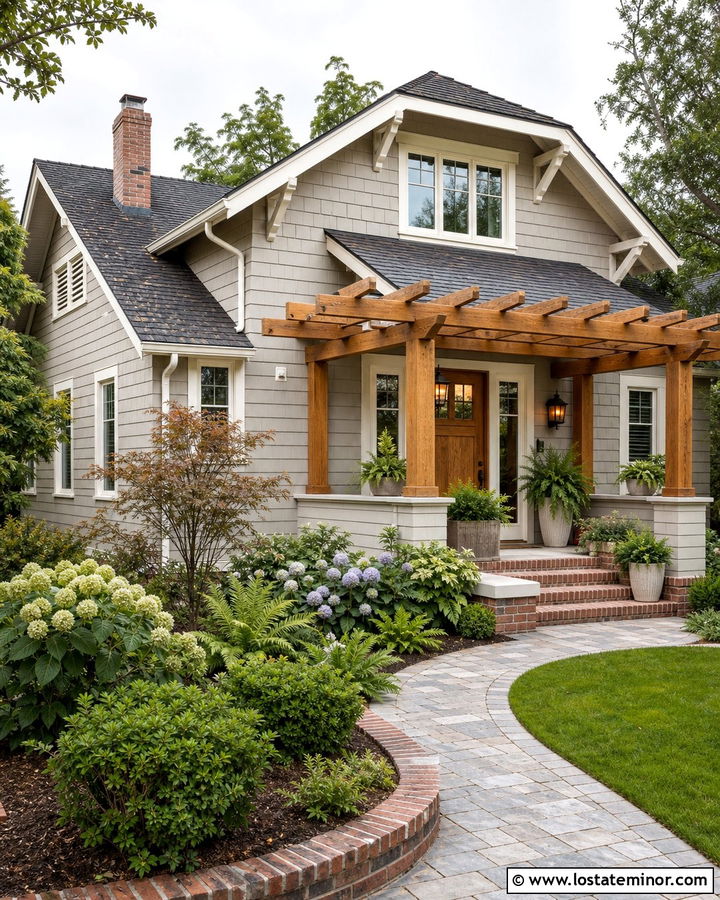 Greige Bungalow With Front Porch Pergola - 30 Greige House Design With Pergola Ideas