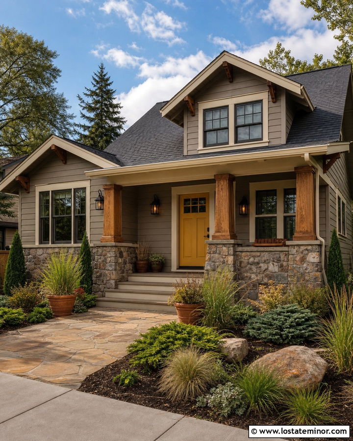 Greige Bungalow With Mustard Yellow Front Door - 30 Greige House Design With Front Door Ideas