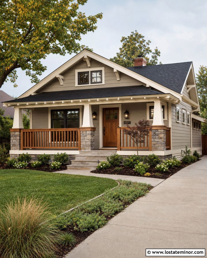 Greige Bungalow With Natural Wood Railings - 30 Greige House Design With Railings Ideas