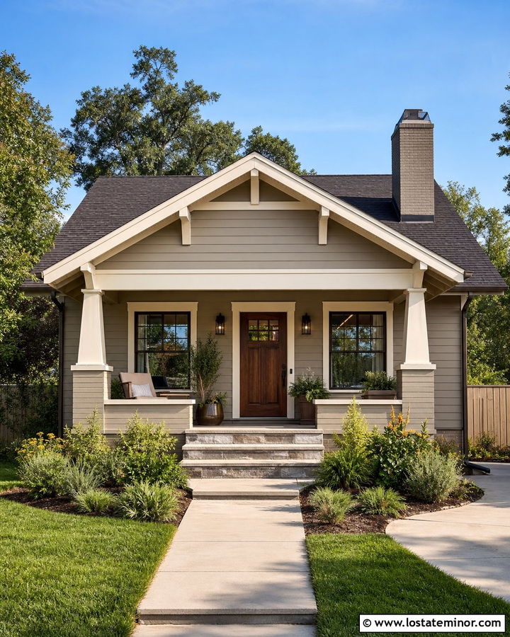 Greige Bungalow With Painted Brick Chimney - 30 Greige House Design With Chimney Ideas