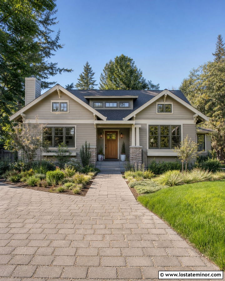 Greige Bungalow With Permeable Paver Driveway - 30 Greige House Design With Driveway Ideas