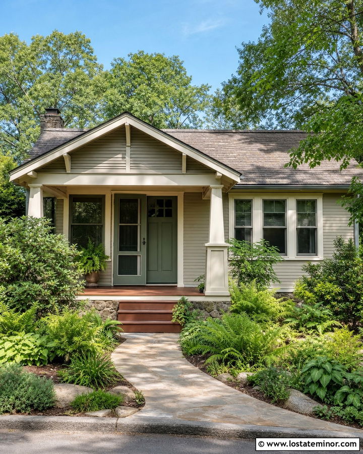 Greige Bungalow With Sage Green Screen Door - 30 Greige House Design With Screen Door Ideas