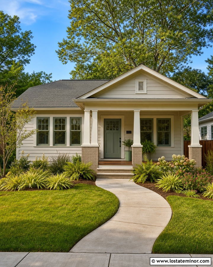 Greige Bungalow With Sage Window Frames - 30 Greige House Design With Window Frames Ideas