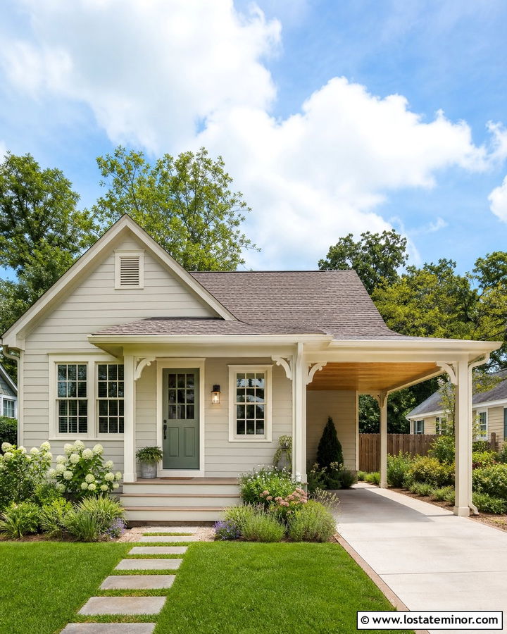 Greige Bungalow With Single Carport - 30 Greige House Design With Carport Ideas
