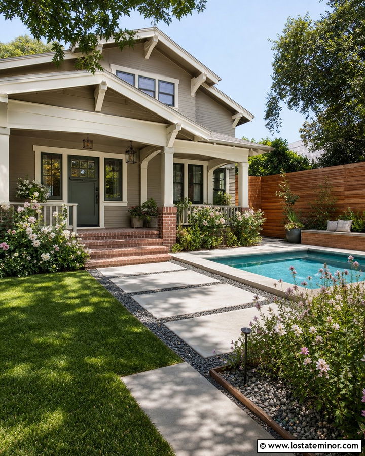 Greige Bungalow With Small Pool - 30 Greige House Design With Swimming Pool Ideas