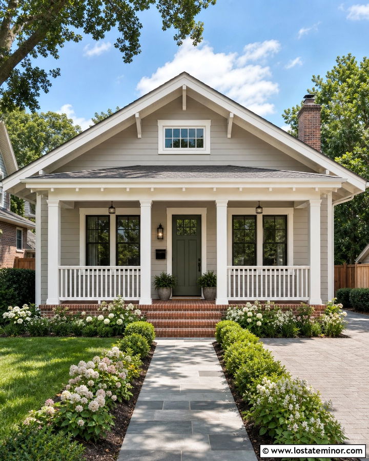Greige Bungalow With Square Baluster Railings - 30 Greige House Design With Railings Ideas