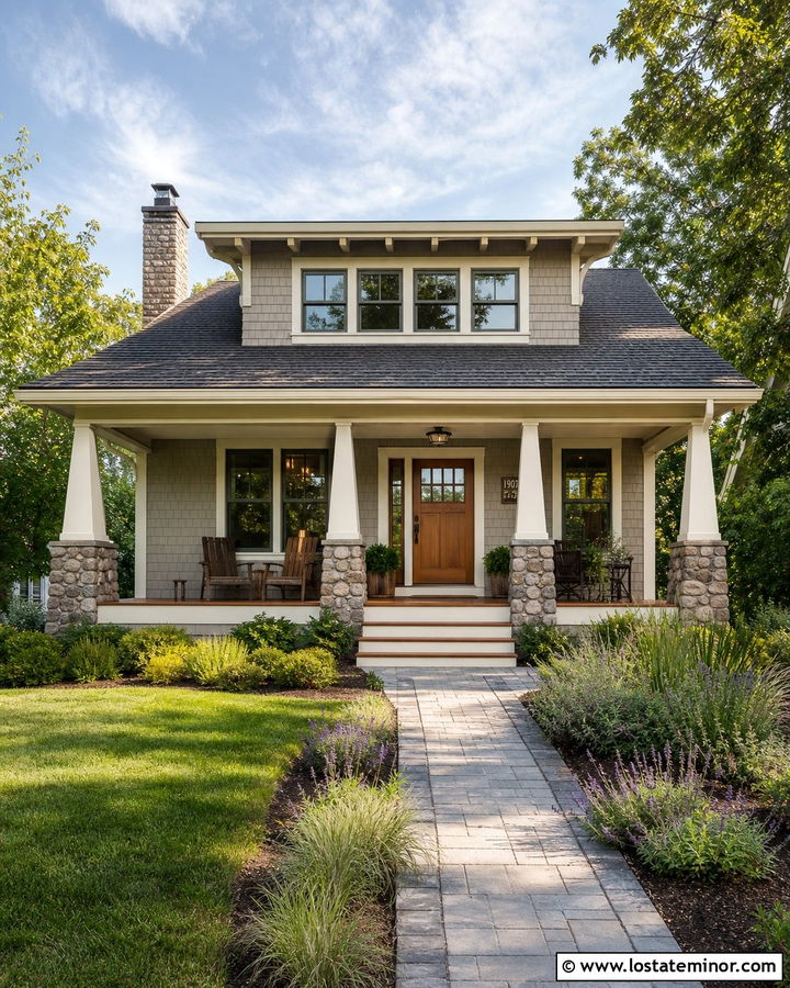 Greige Bungalow With Wide Shed Dormer - 30 Greige House Design With Dormers Ideas