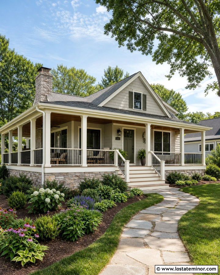 Greige Bungalow With Wraparound Deck - 30 Greige House Design With Deck Ideas