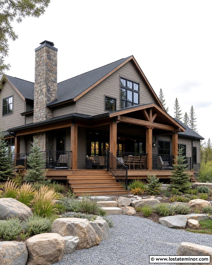 Greige Cabin House With Covered Deck - 30 Greige House Design With Deck Ideas