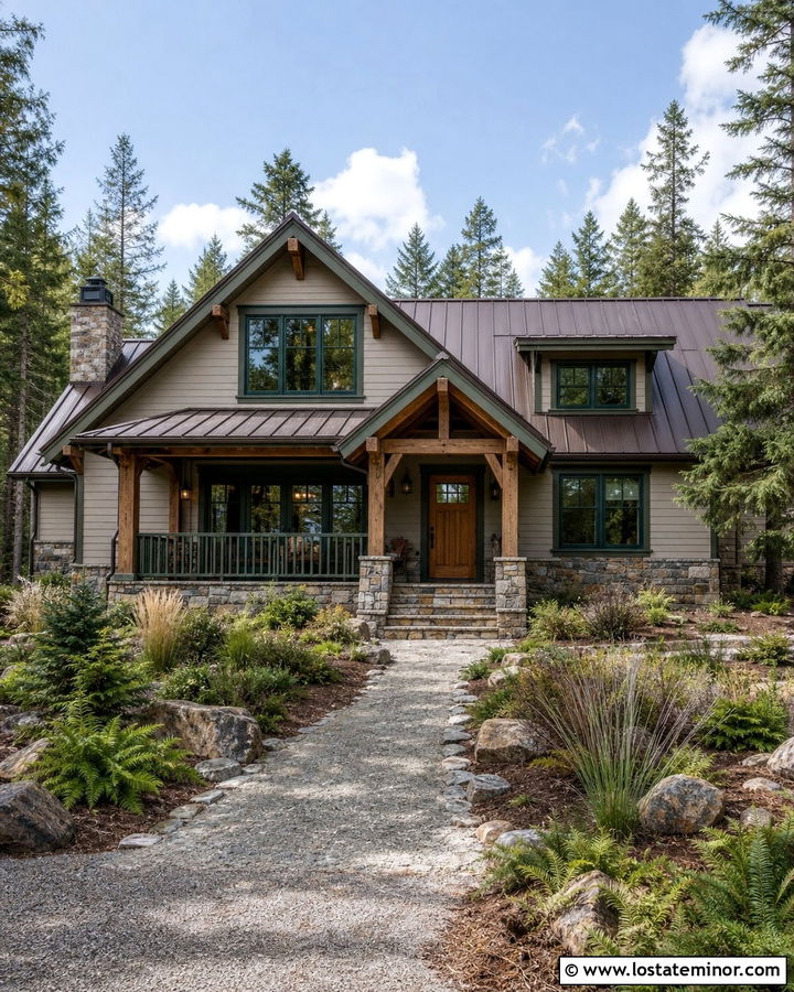 Greige Cabin House With Green Window Frames - 30 Greige House Design With Window Frames Ideas