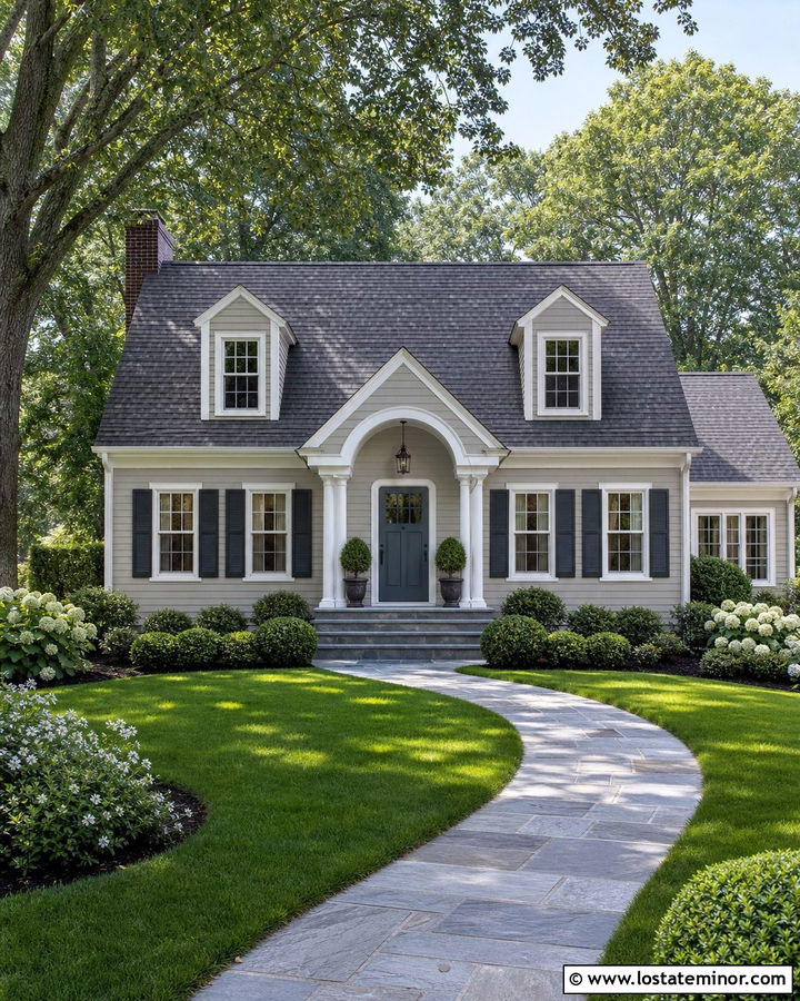 Greige Cape Cod House With Arched Portico - 30 Greige House Design With Portico Ideas