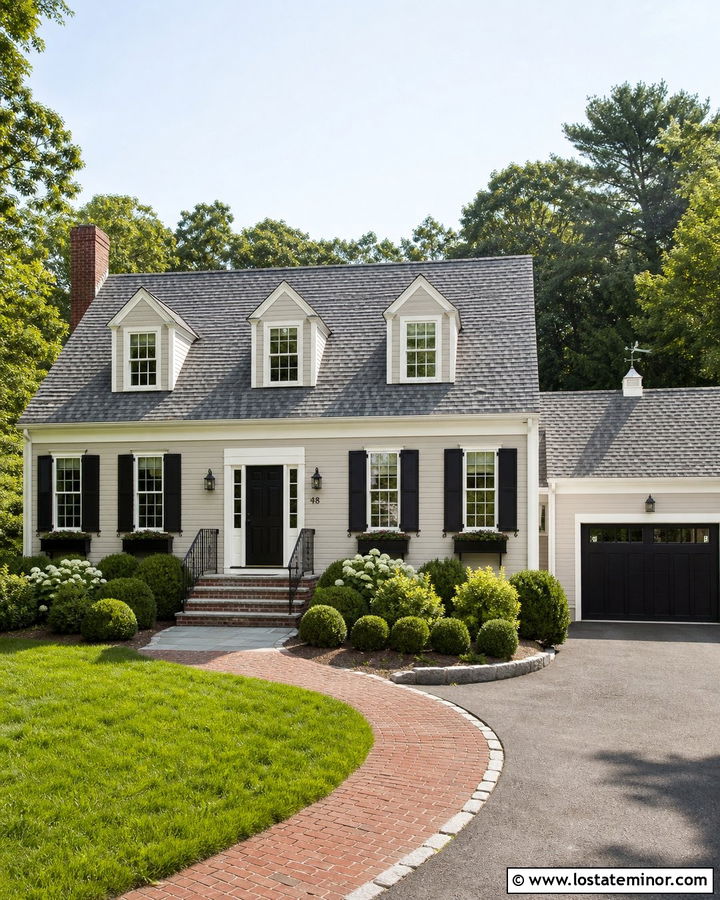 Greige Cape Cod House With Black Step Railings - 30 Greige House Design With Railings Ideas