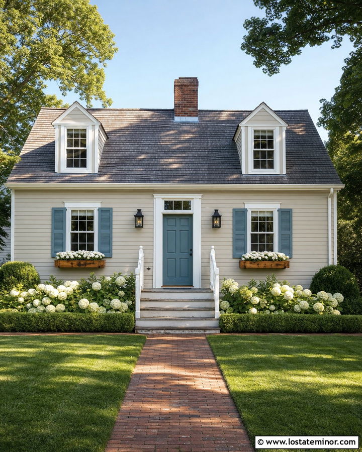 Greige Cape Cod House With Blue Front Door - 30 Greige House Design With Front Door Ideas