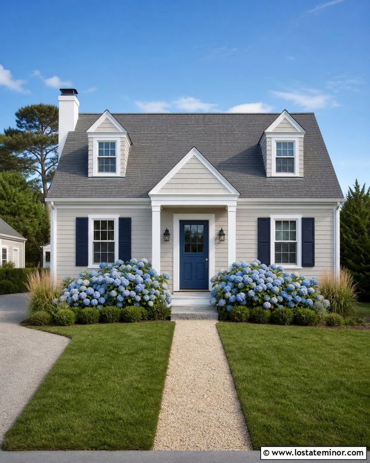 Greige Cape Cod House With Blue Hydrangeas - 30 Greige House Design With Landscaping Ideas